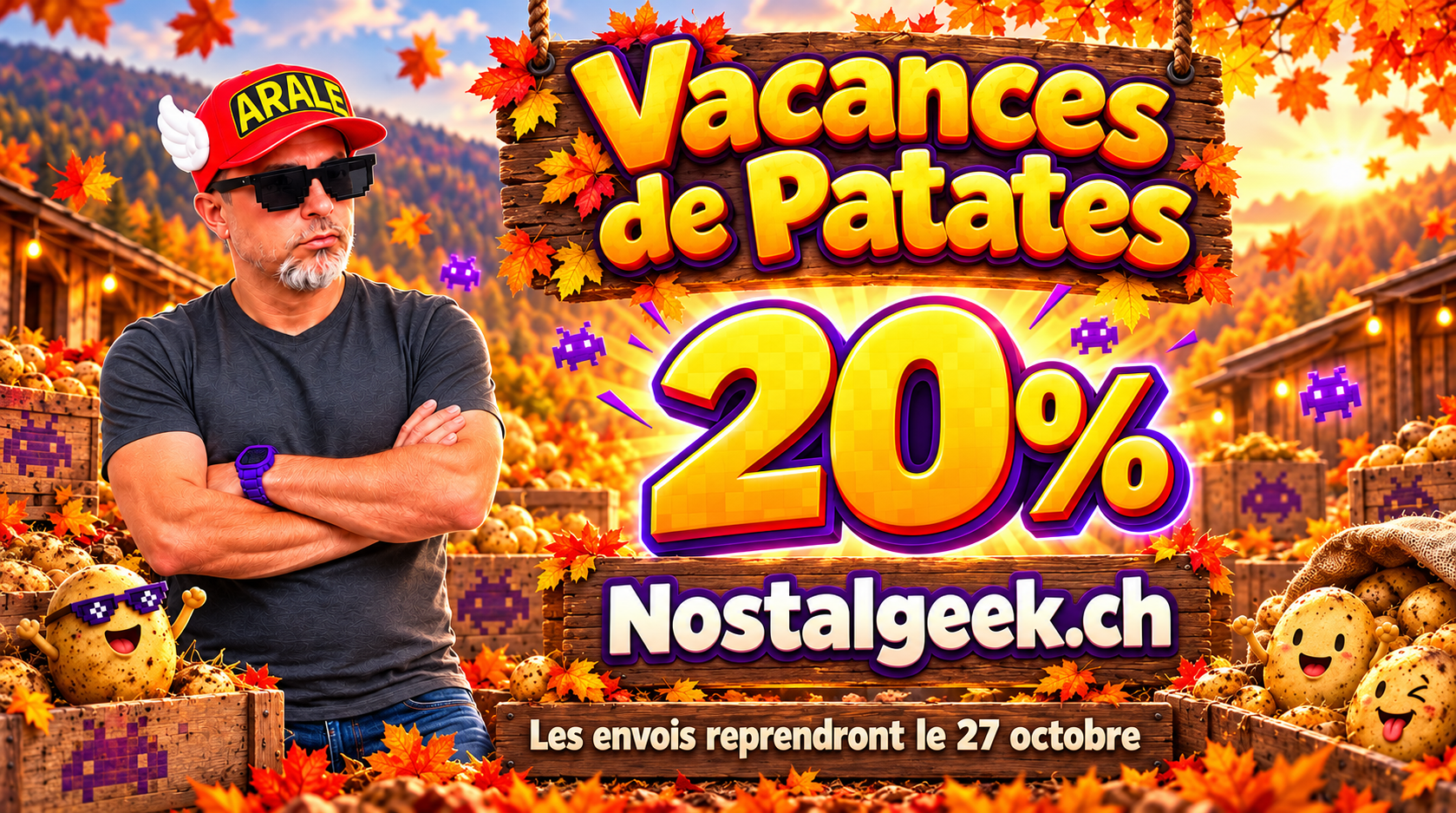 Vacances de Patates chez Nostalgeek.ch : -20% pour l’anniversaire de Mig. Reprise des envois le 27 octobre.